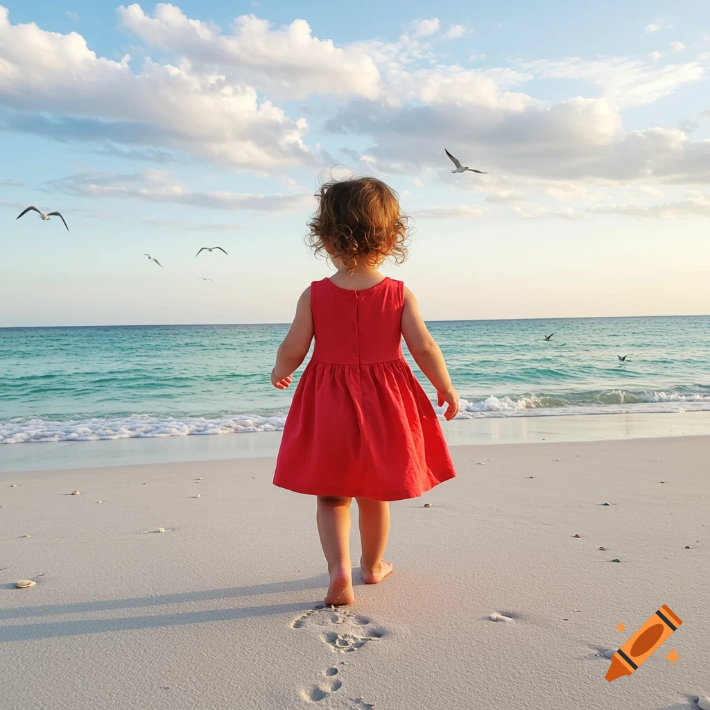 A toddler girl in a red dress walks on a sandy beach towards the ocean, leaving footprints, with birds flying in the sky.