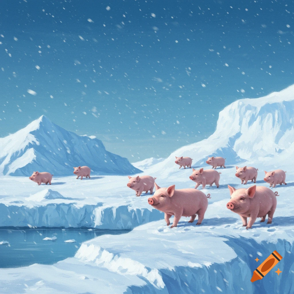 Multiple pink pigs march across a snowy, icy arctic landscape with mountains under falling snow.