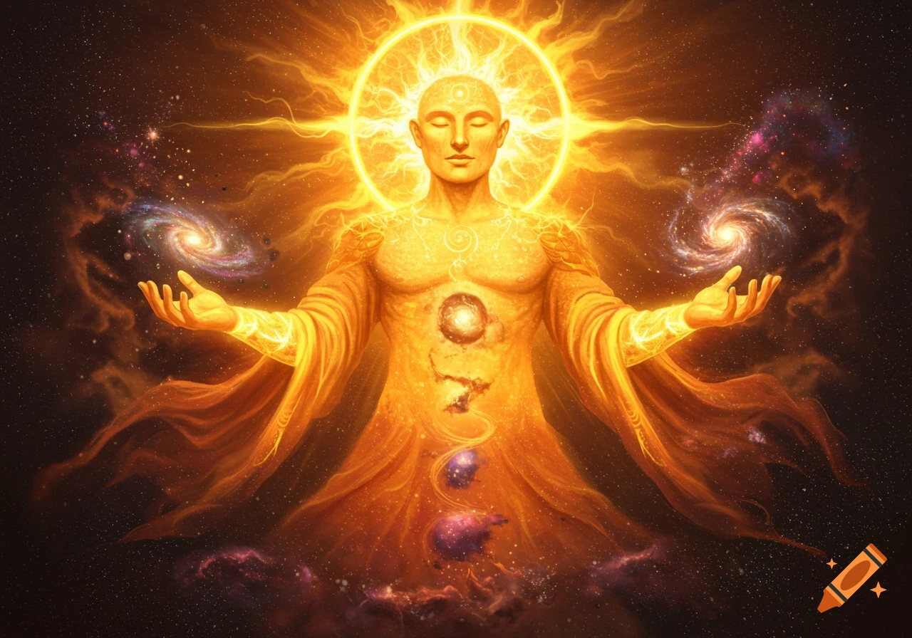 A golden, glowing spiritual figure with a bright halo and outstretched hands, set against a dark cosmic background with swirling galaxies.