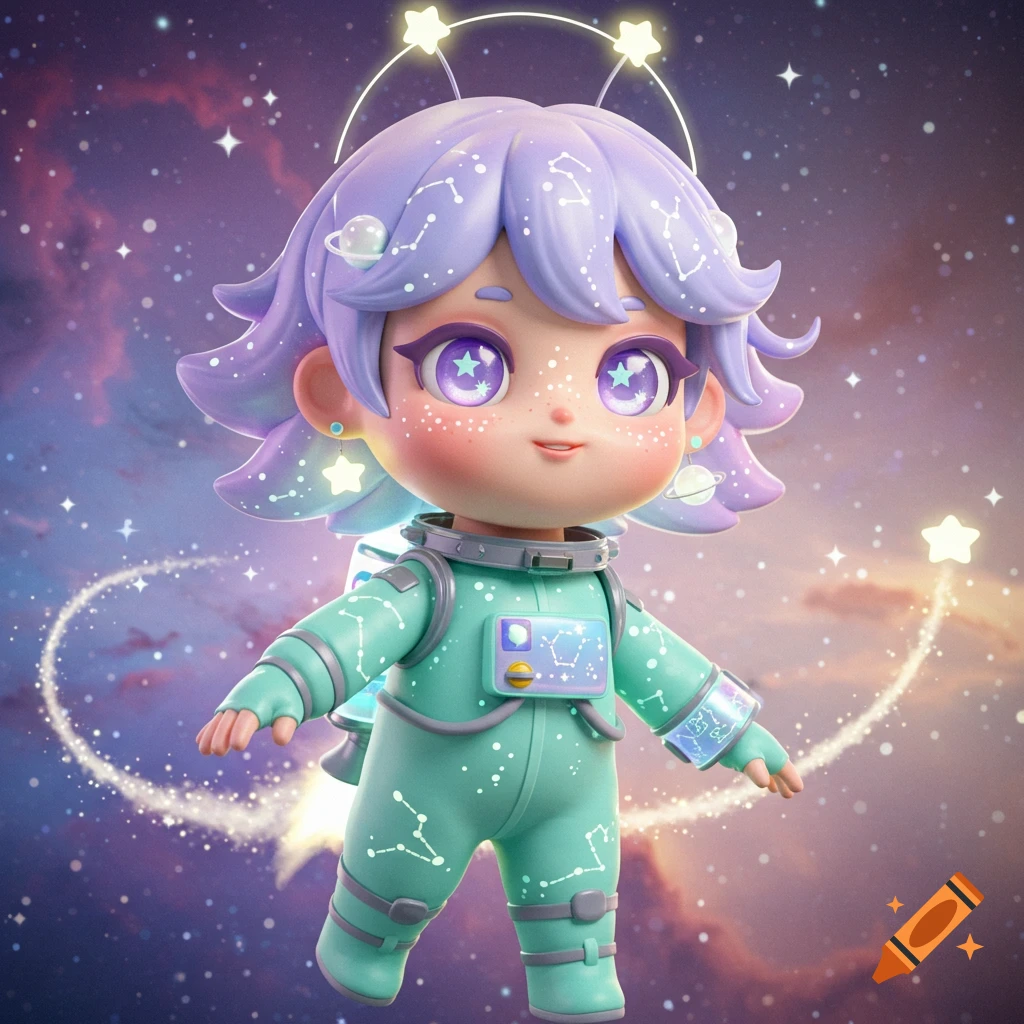 Cute chibi astronaut with purple hair and constellation freckles in a mint green spacesuit, floating in a starry cosmic sky.