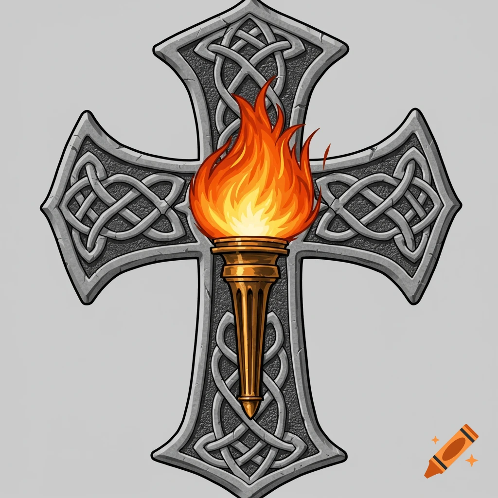 A stylized gray cross with intricate Celtic knot patterns and a golden torch with an orange flame at its center.
