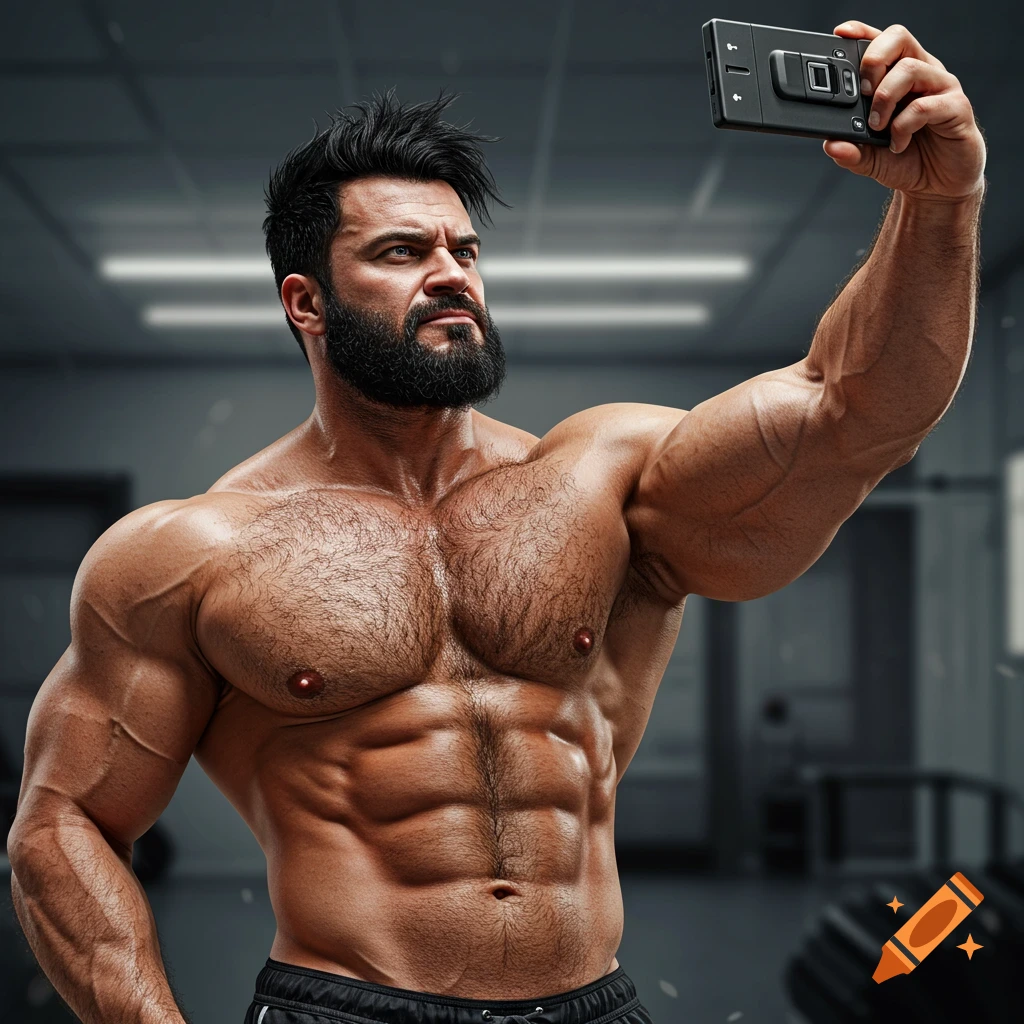 A very muscular, bearded man with a hairy chest takes a selfie with a phone in a gym.