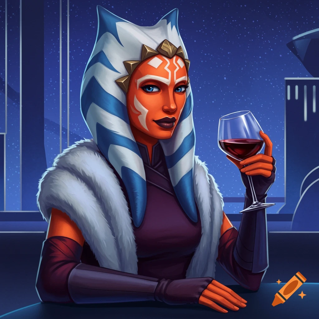 Stylized painting of Ahsoka Tano in a fur collar, holding a glass of red wine in an art deco setting.