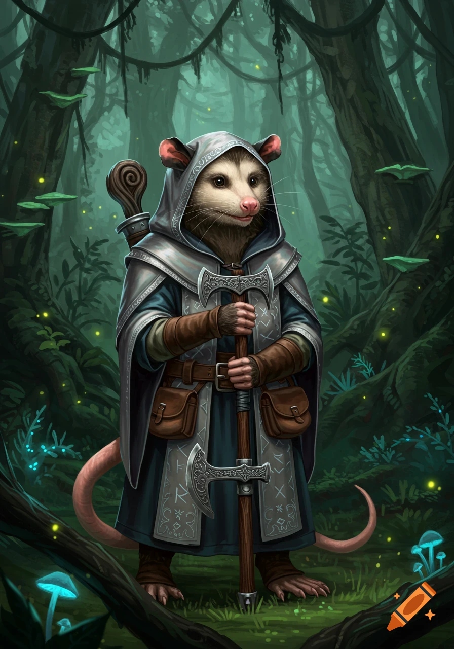 A detailed portrait of an anthropomorphic possum cleric in a hooded robe, holding a double-bladed handaxe, standing in a dark fantasy forest.