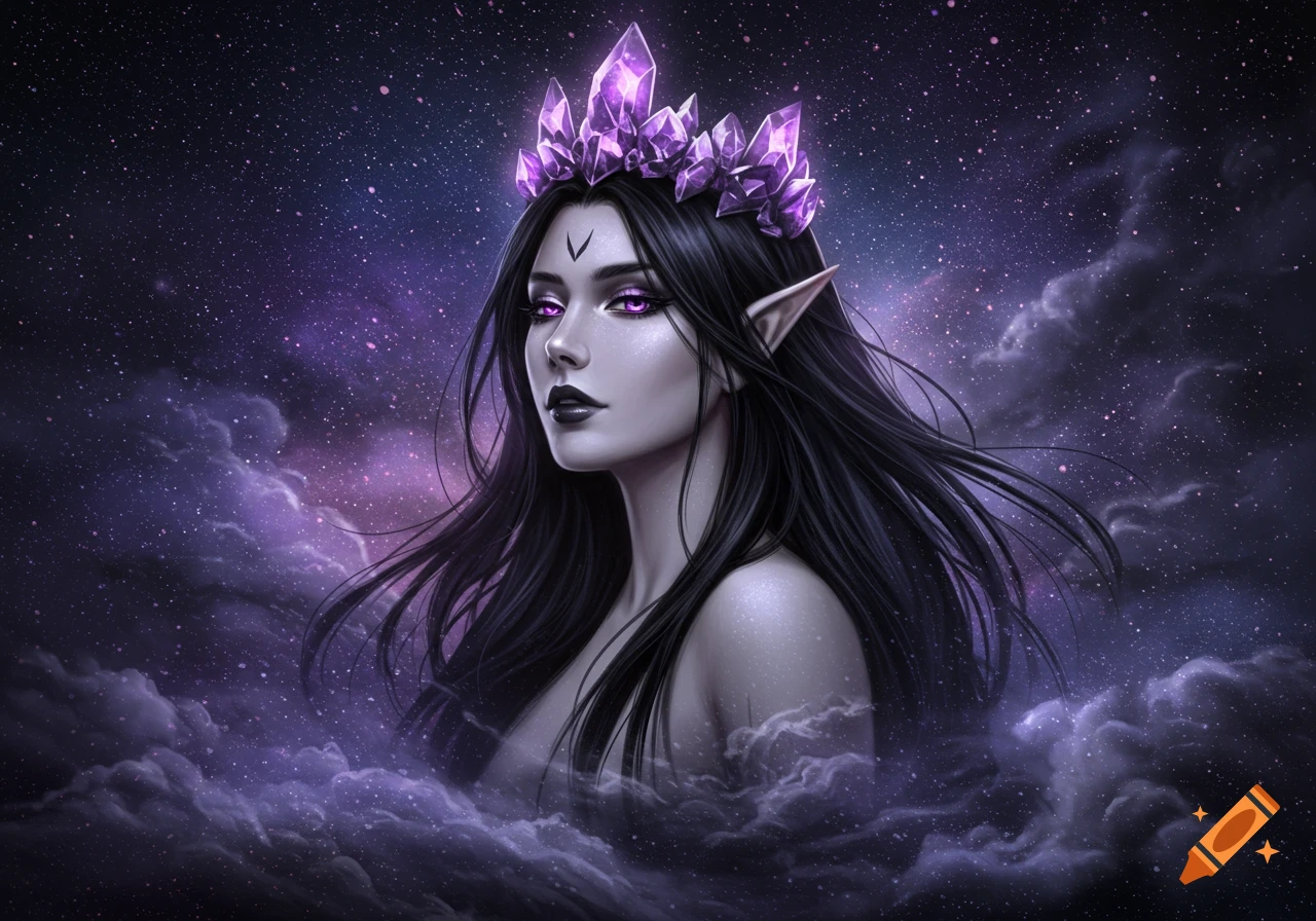 A mystical, dark-haired goddess with purple eyes, pointed ears, and a glowing amethyst crown, against a starry night sky.