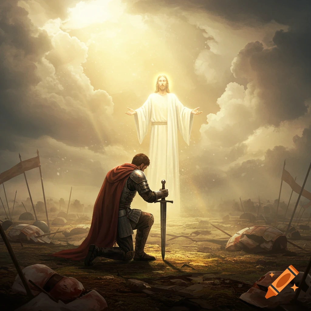 A knight kneels on a battlefield, sword in hand, facing a radiant, robed figure with outstretched arms under glowing clouds. Digital art.