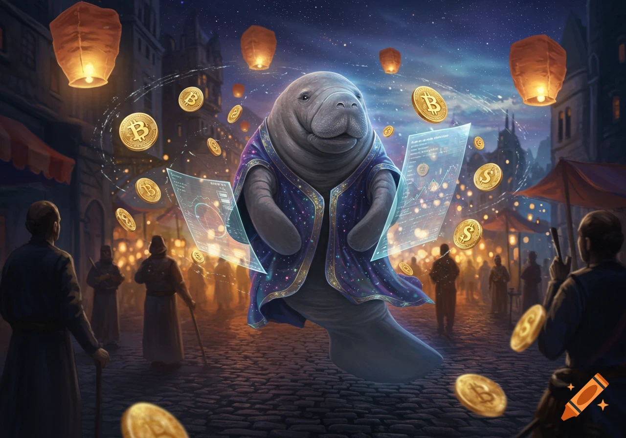 A wizard-like manatee in a purple robe floats in a night market, surrounded by glowing lanterns, bitcoin coins, and holographic data screens.