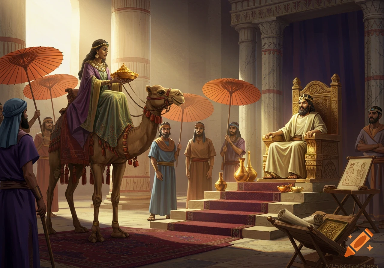 A queen on a camel offers gifts to a king on a golden throne in a grand palace, surrounded by servants.
