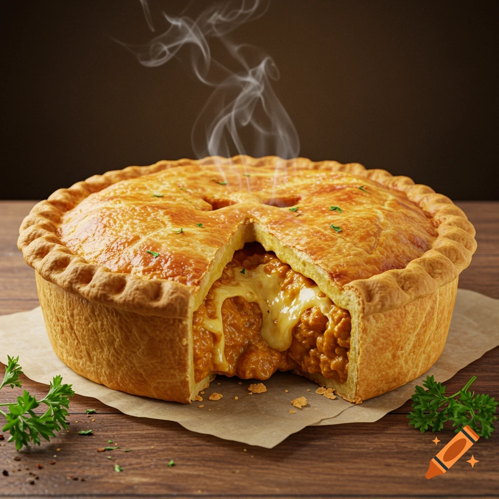 A hot, golden-brown chicken and cheese curry pie with a slice cut out, revealing creamy filling and steam rising.