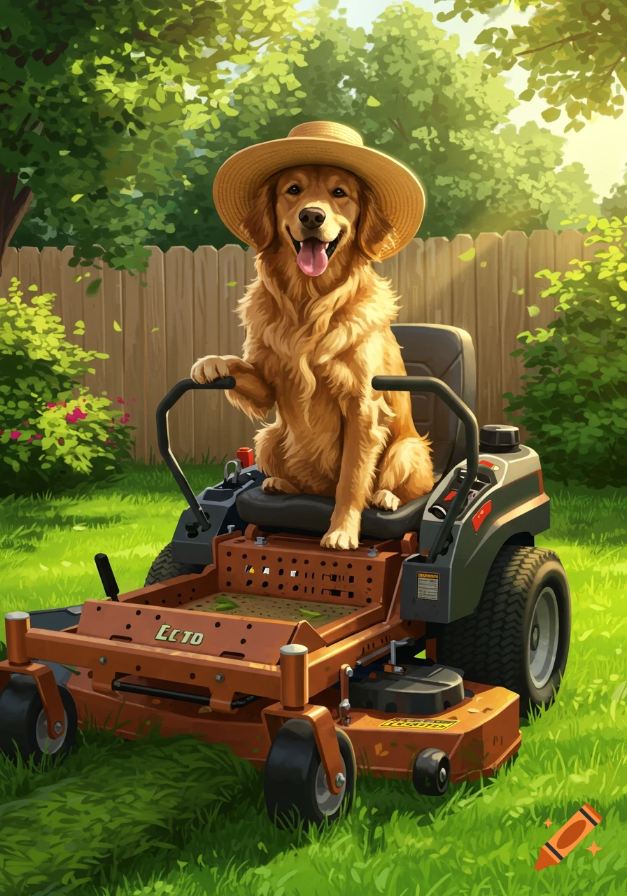A happy golden retriever wearing a straw hat sits on an orange zero-turn lawn mower in a sunny green backyard.