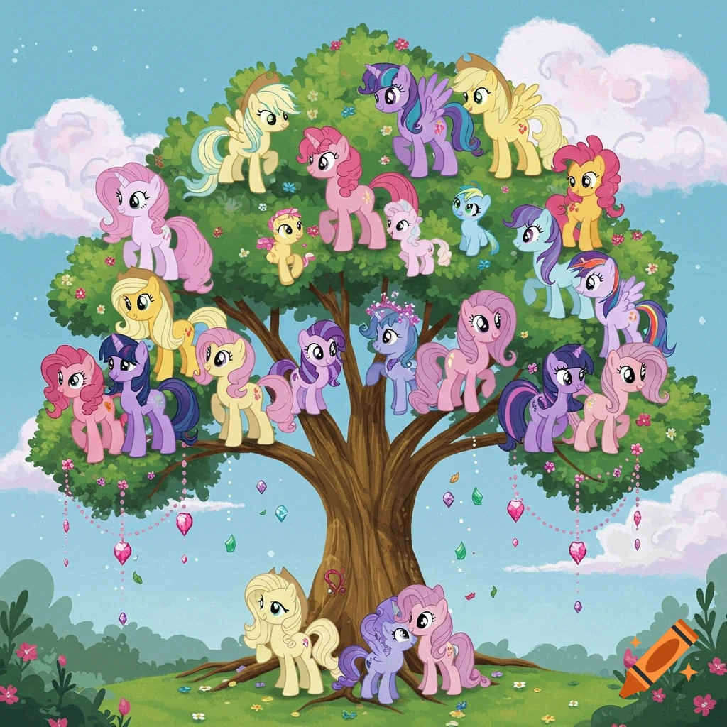 A colorful illustration of many My Little Pony characters of various sizes and colors on a large green tree, resembling a family tree, with hearts and jewels hanging from branches.