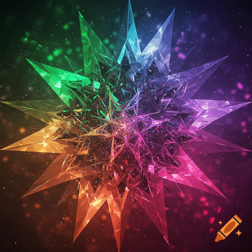 A vibrant, shattered crystal starburst in rainbow colors against a dark, speckled background.