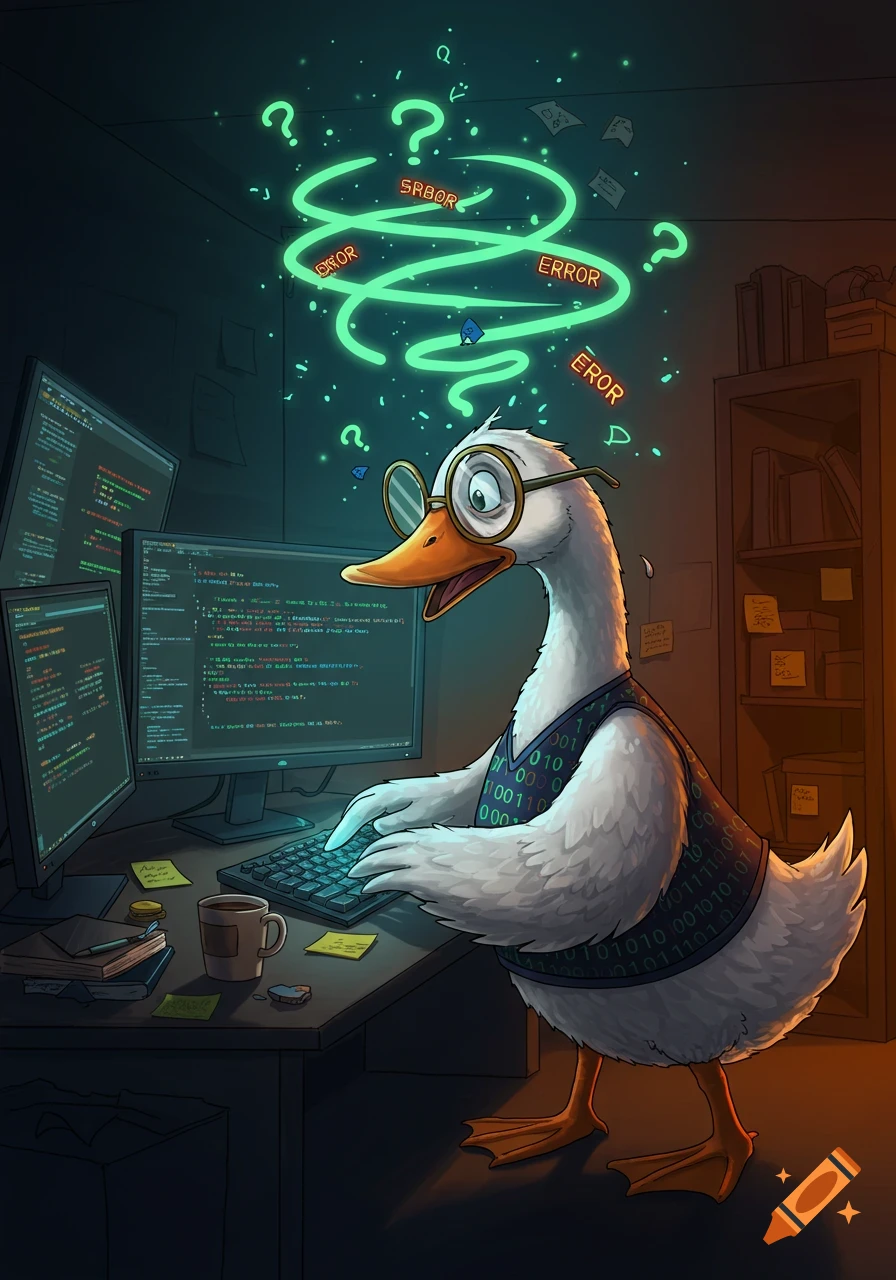 A cartoon goose in glasses and a binary-patterned vest types on a keyboard at a computer desk, with glowing 'ERROR' and 'SRBOR' text and question marks floating above its head.