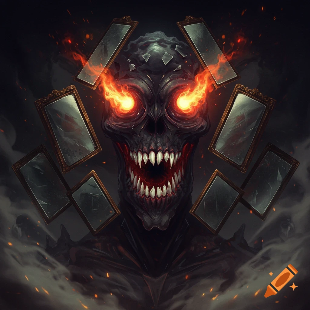A dark, menacing skull-like demon with glowing fiery eyes and sharp teeth, surrounded by floating, broken mirrors, against a smoky, dark background with embers.