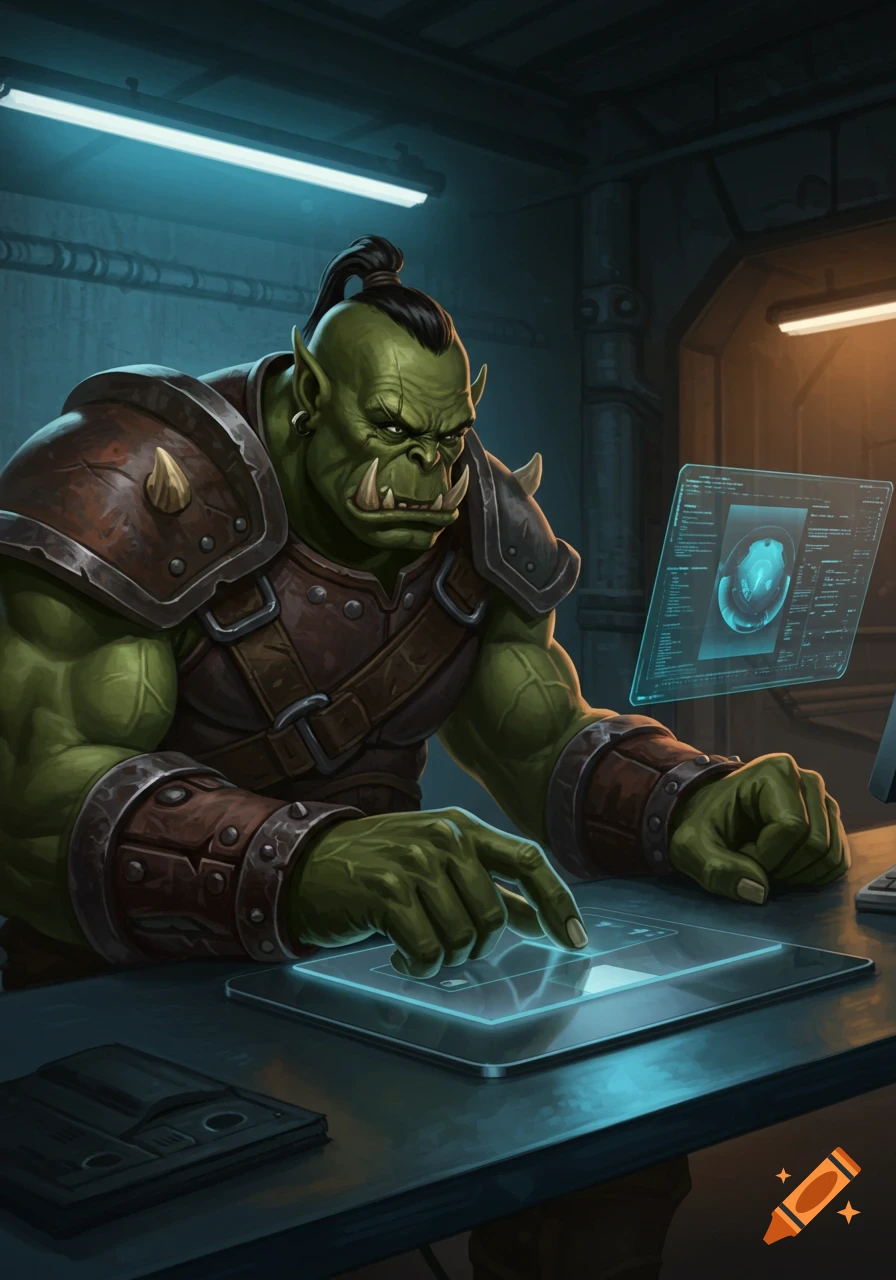 An orc in armor uses a glowing holographic computer interface in a dimly lit, futuristic room. Digital art.