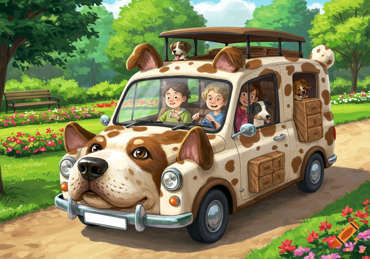 Cartoon illustration of a dog-themed car with children driving and dogs as passengers in a park.