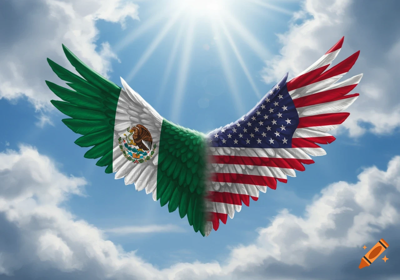 Heart-shaped wings featuring the Mexican and American flags fly against a bright blue sky with clouds and sun rays.