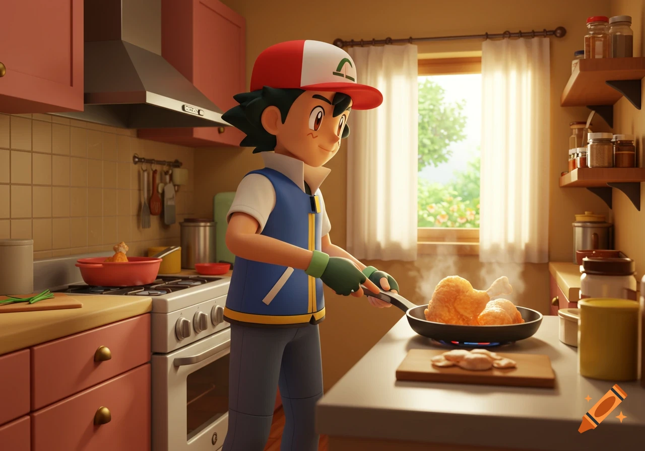 3D animated Ash Ketchum cooking fried chicken in a kitchen.