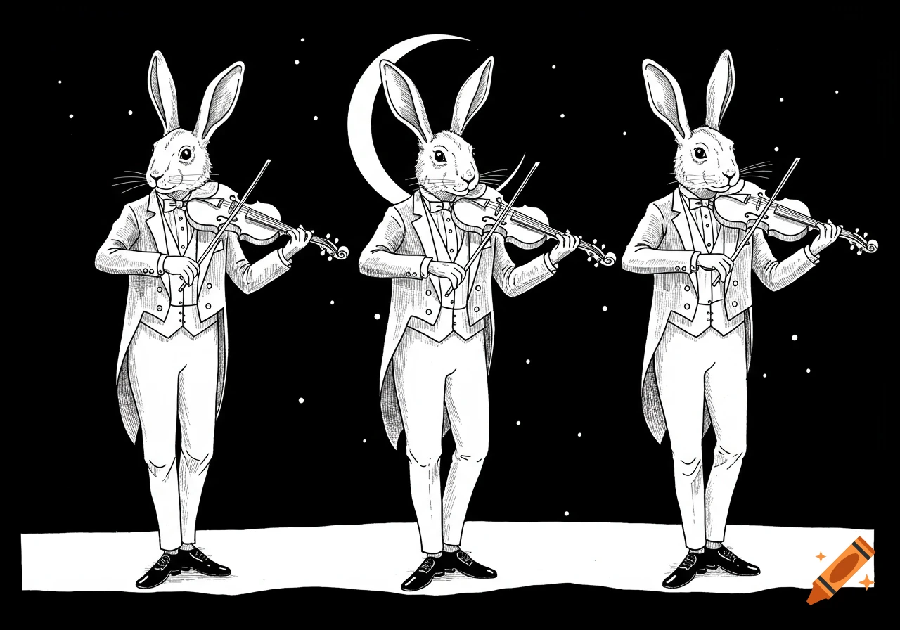 Three anthropomorphic hares in tuxedos play violins under a crescent moon and stars in a black and white line drawing.