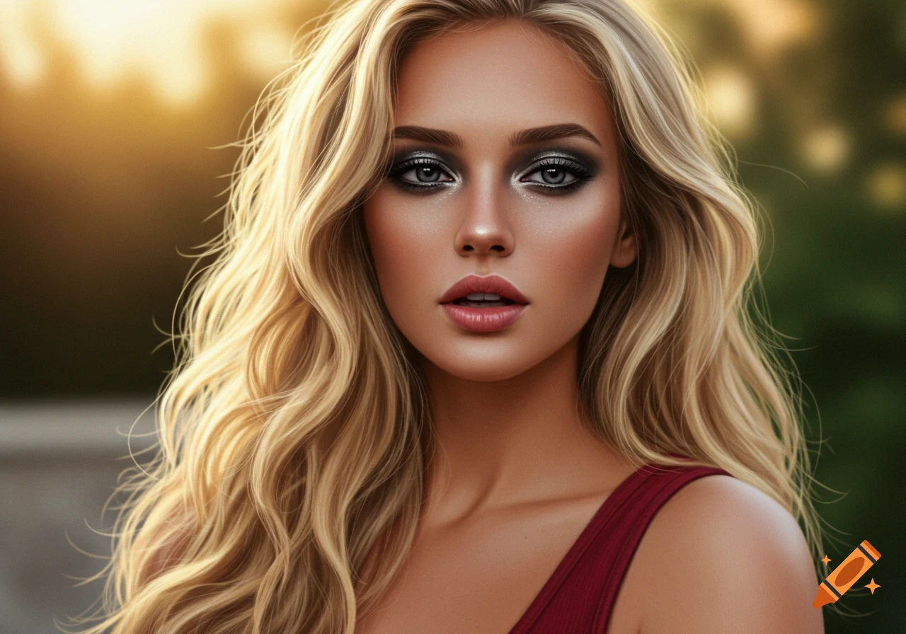 Close-up portrait of a woman with long wavy blonde hair, smoky eyes, and red lips, wearing a maroon top.