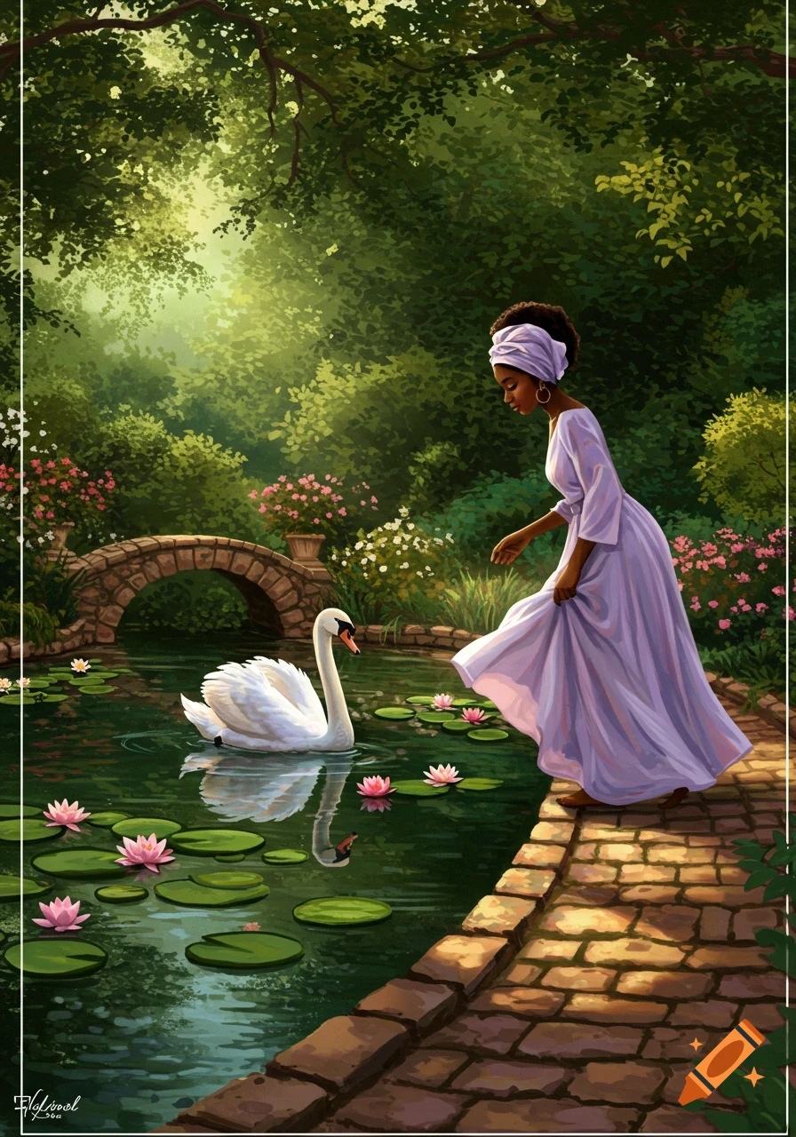 An illustration of a Black woman in a lavender dress standing by a pond with a swan, water lilies, and a stone bridge in a lush garden.