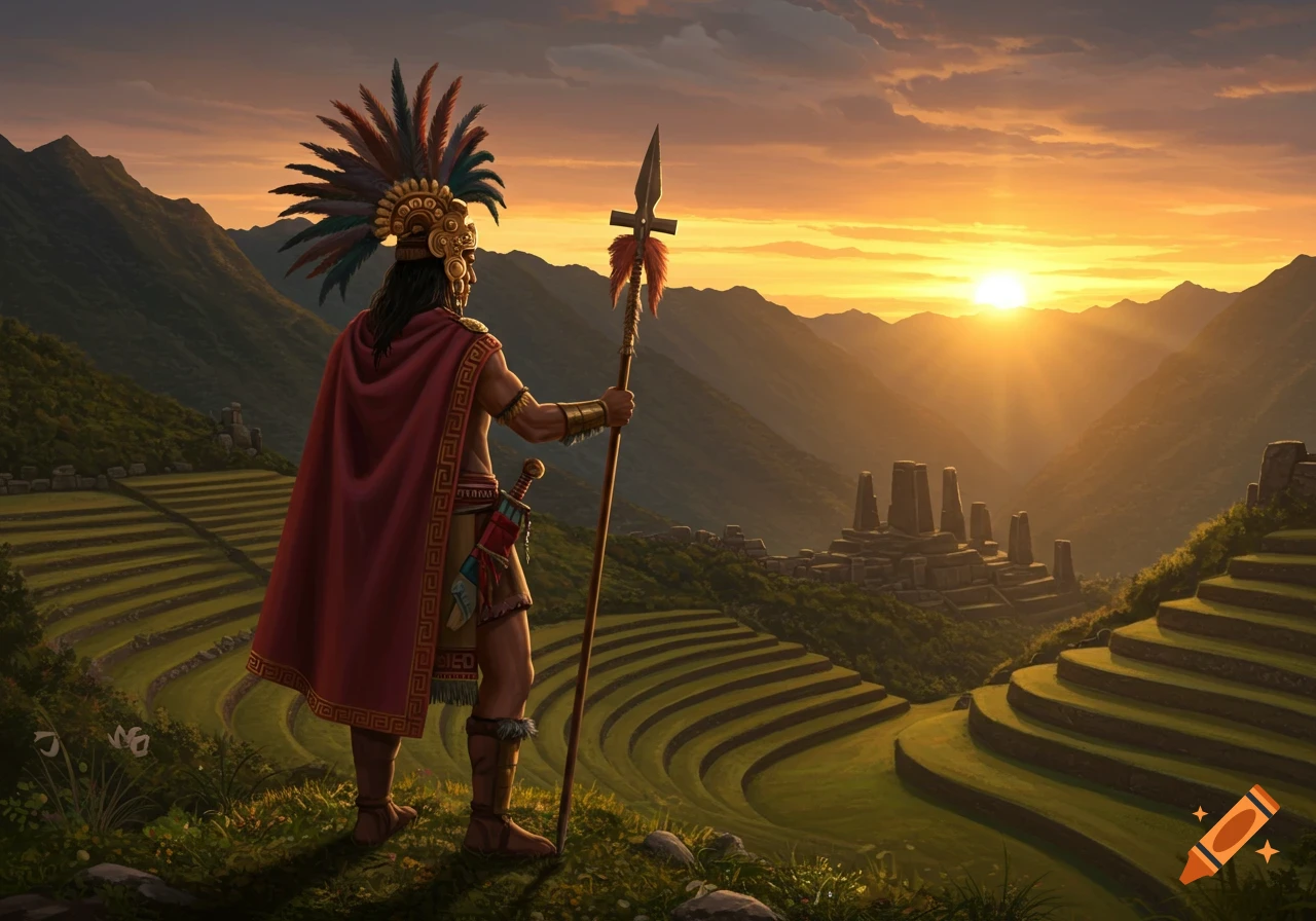 Inca warrior prince in elaborate headdress and cape stands on a mountain, overlooking terraced fields and ruins at sunset.