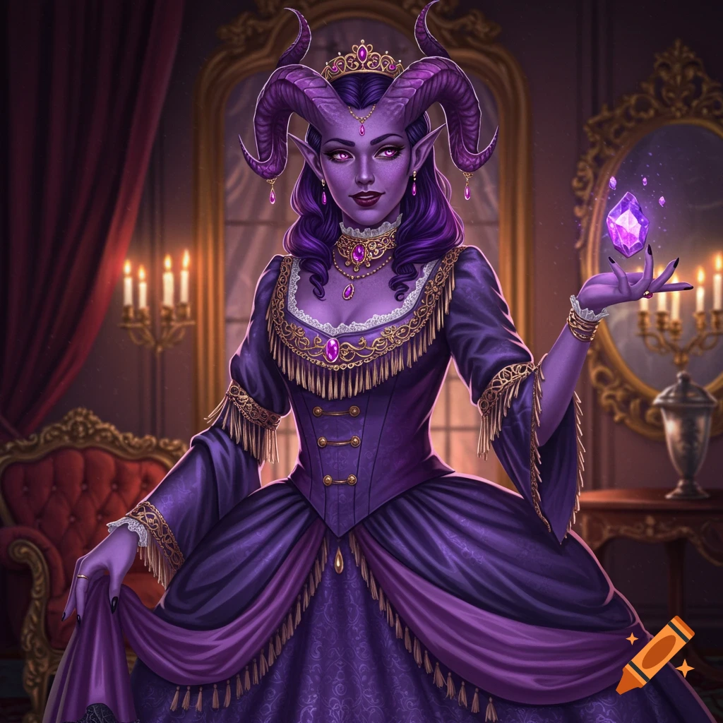 A purple-skinned tiefling woman in an ornate purple gown stands in a grand room, holding a glowing crystal.