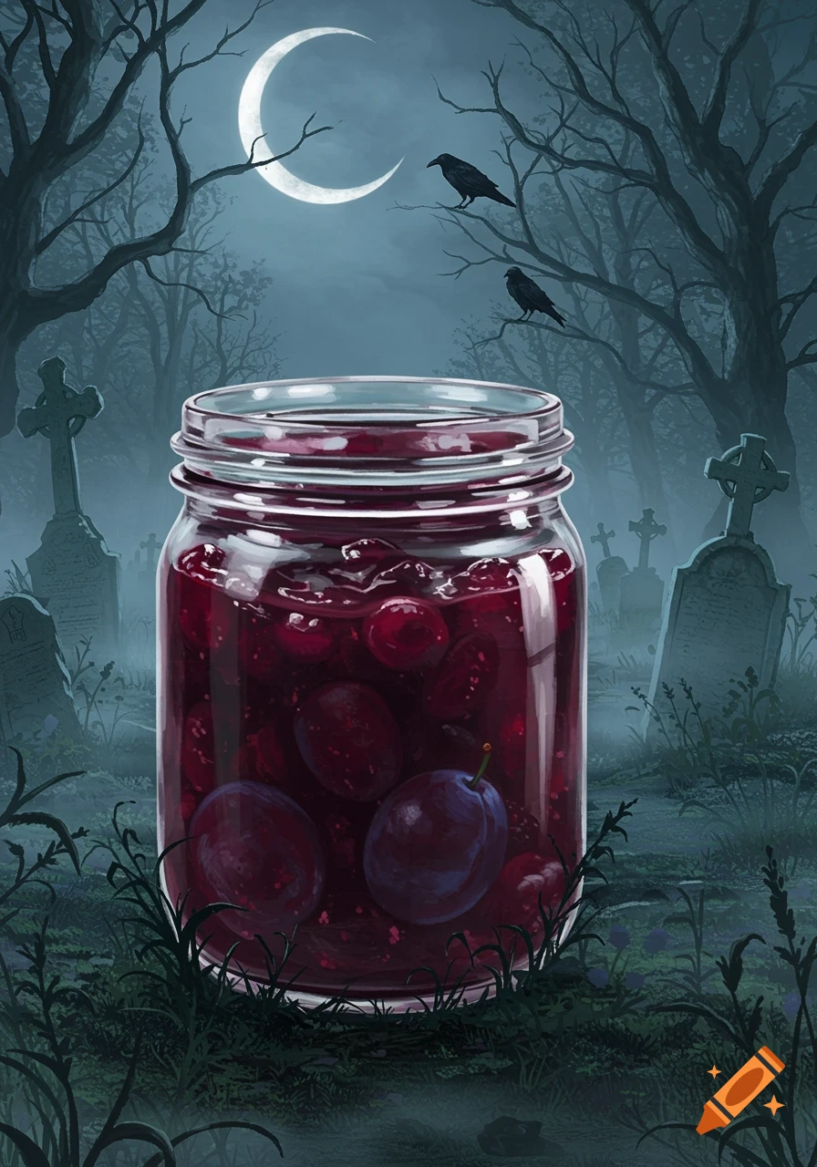 Illustration of a glass jar of plum jam with whole plums in a spooky, misty graveyard under a crescent moon, with crows in trees.