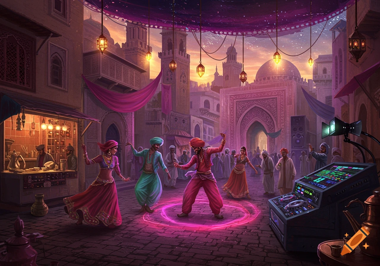 A vibrant, energetic night street scene in a fantastical South Asian city with people dancing under glowing lanterns and colorful fabrics, a DJ console and a glowing pink ring on the ground.