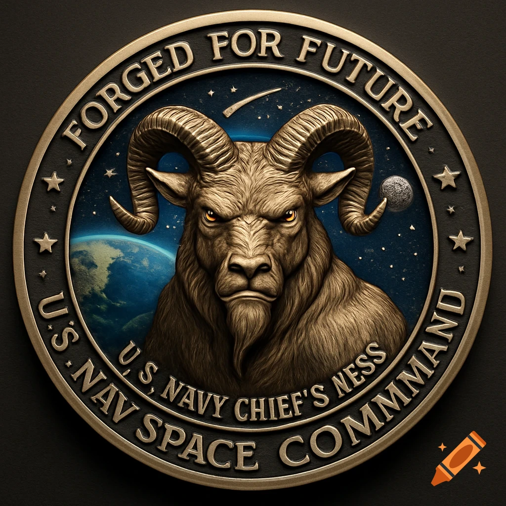 A bronze military challenge coin with an angry goat, Earth, moon, and stars. Text reads "FORGED FOR FUTURE U.S. NAVY CHIEF'S NESS U.S. NAV SPACE COMMAND".