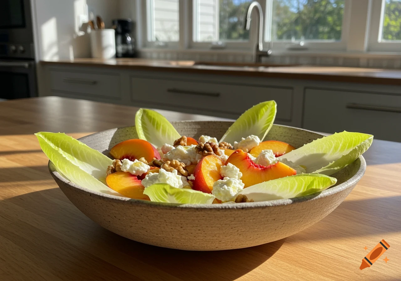 A photorealistic image of a peach, endive, and goat cheese salad in a stoneware bowl on a wooden counter in a sunlit modern kitchen.