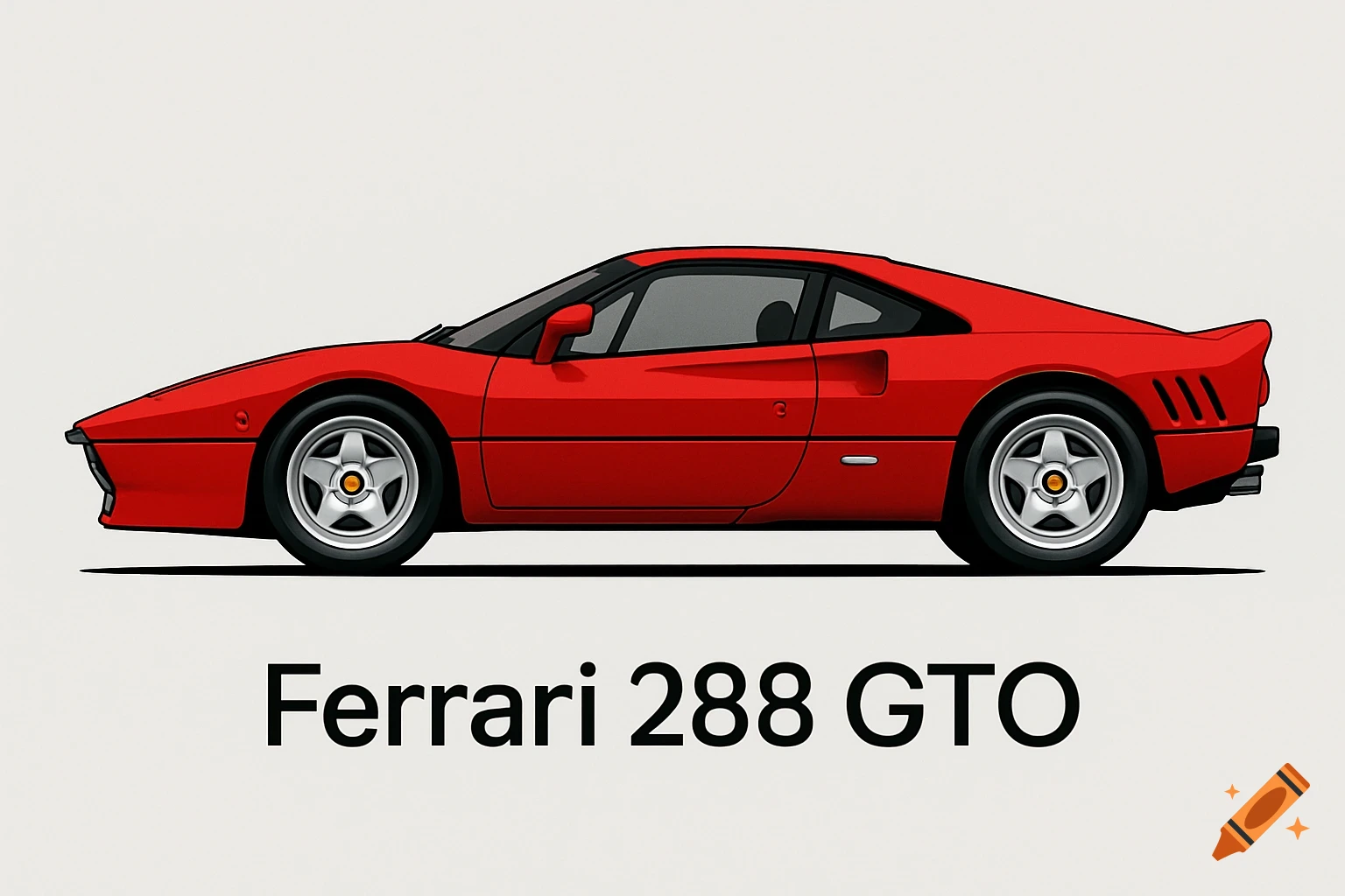 Side profile of a red Ferrari 288 GTO sports car on a light grey background with its name written below.