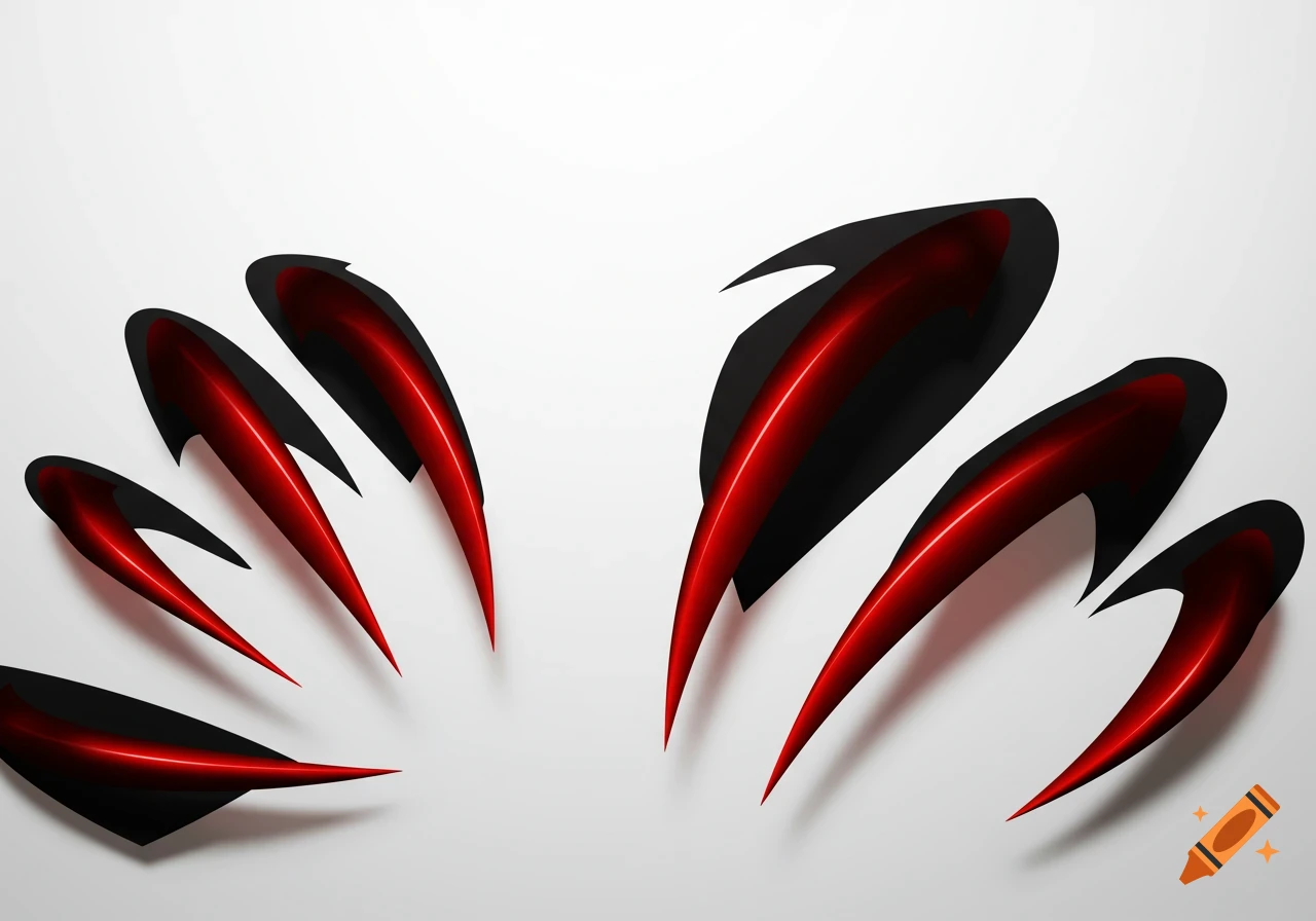 Abstract red and black claw-like shapes on a white background.