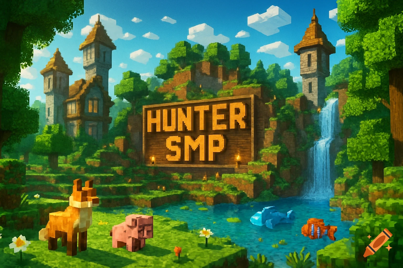 A vibrant, blocky Minecraft-style landscape with a waterfall, castles, forest, a fox, a pig, and a sign reading 'HUNTER SMP'.