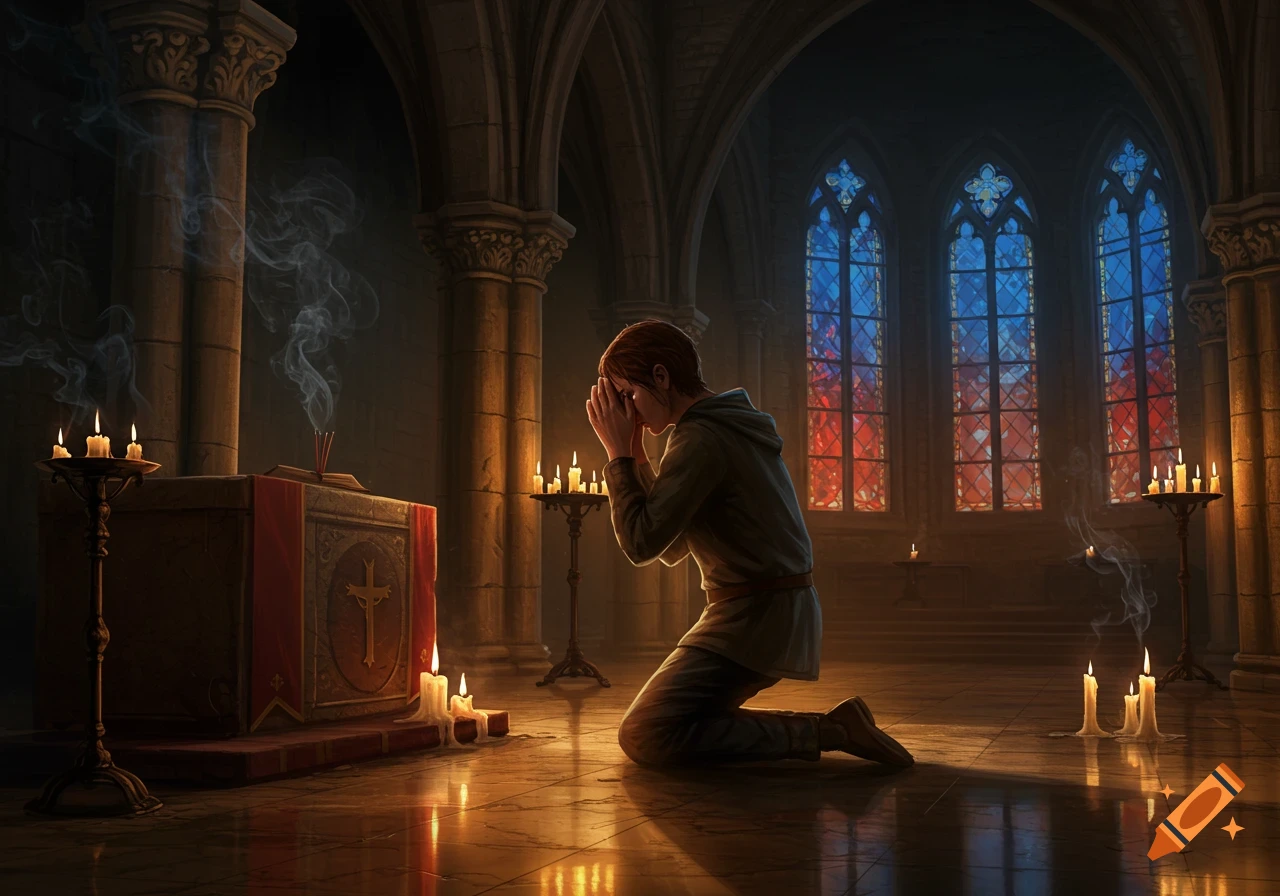 A person kneels in prayer before an altar in a dimly lit, vaulted church with stained-glass windows.