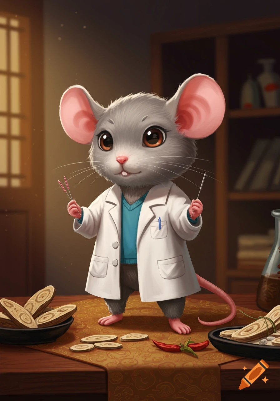 A cute anthropomorphic gray mouse in a white lab coat and blue sweater holds two acupuncture needles. It stands on a table with wood slices and a red chili pepper.