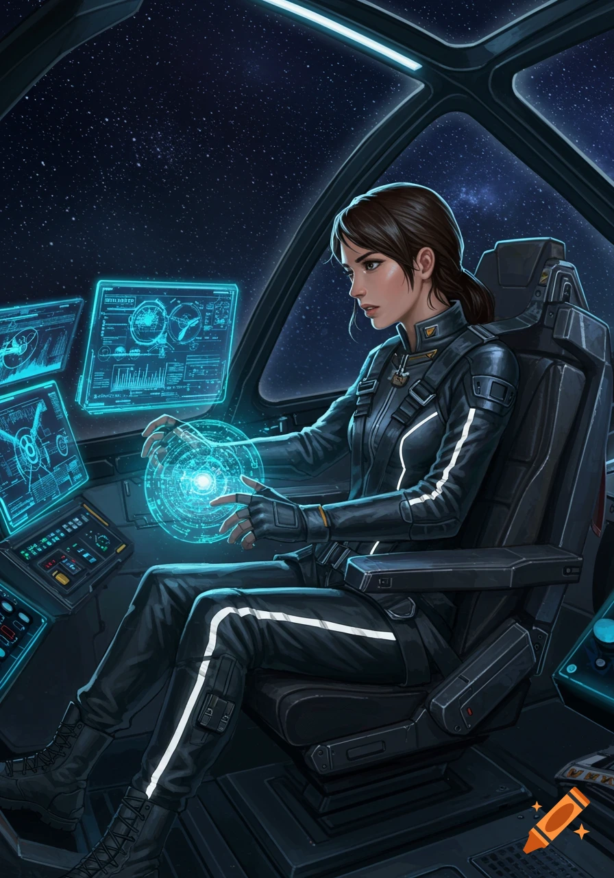 A young woman in a black and white spacesuit sits in a spaceship cockpit, manipulating glowing blue holographic controls with stars visible outside.