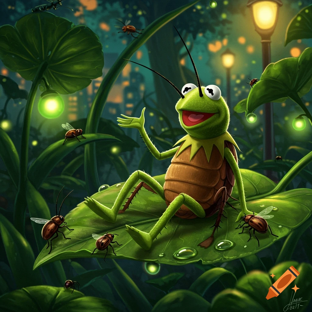 A cartoon illustration of Kermit the Frog as a cockroach, sitting on a large leaf at night with fireflies and other insects.