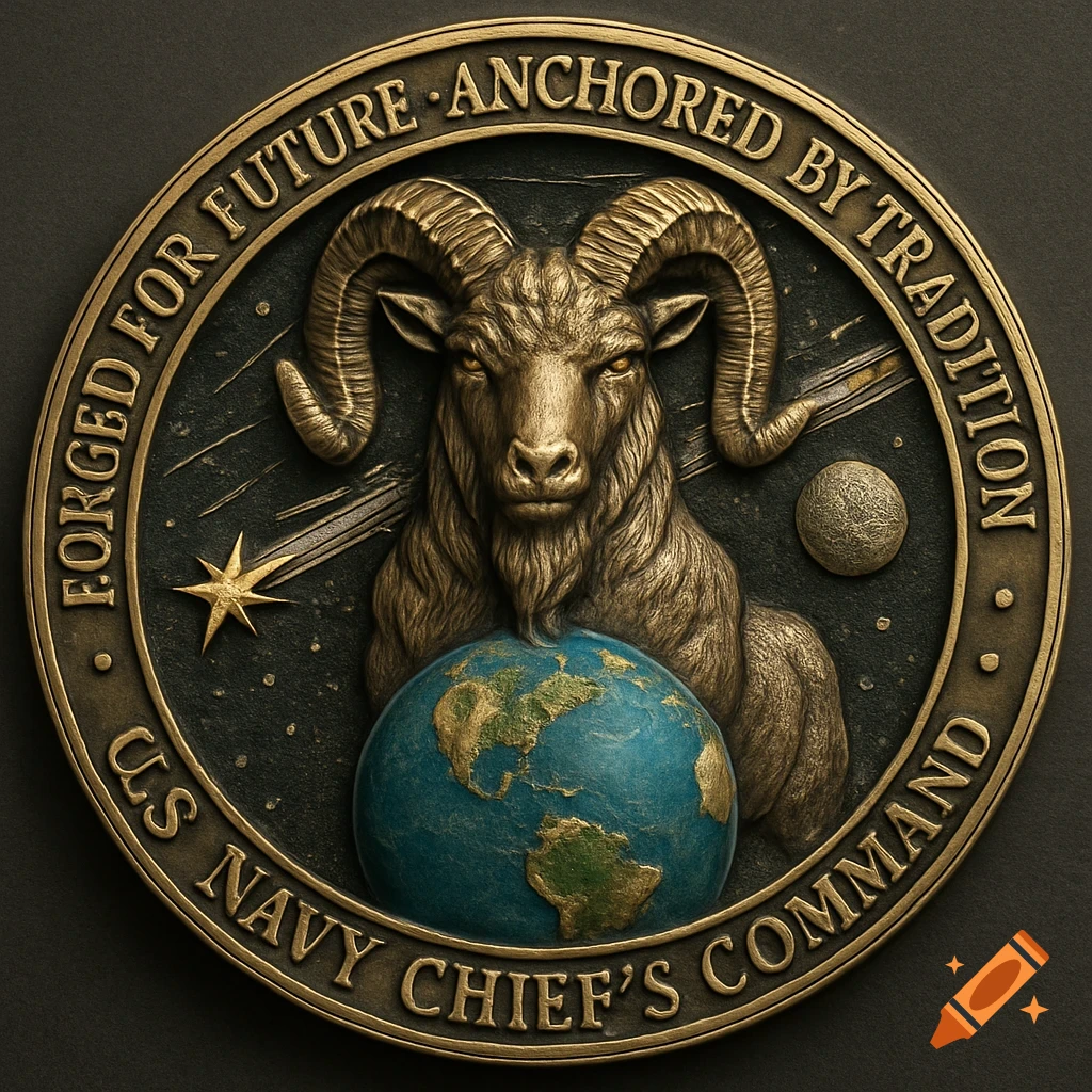 A bronze military challenge coin featuring a ram's head above a blue globe, with a shooting star and moon in the background, encircled by text.