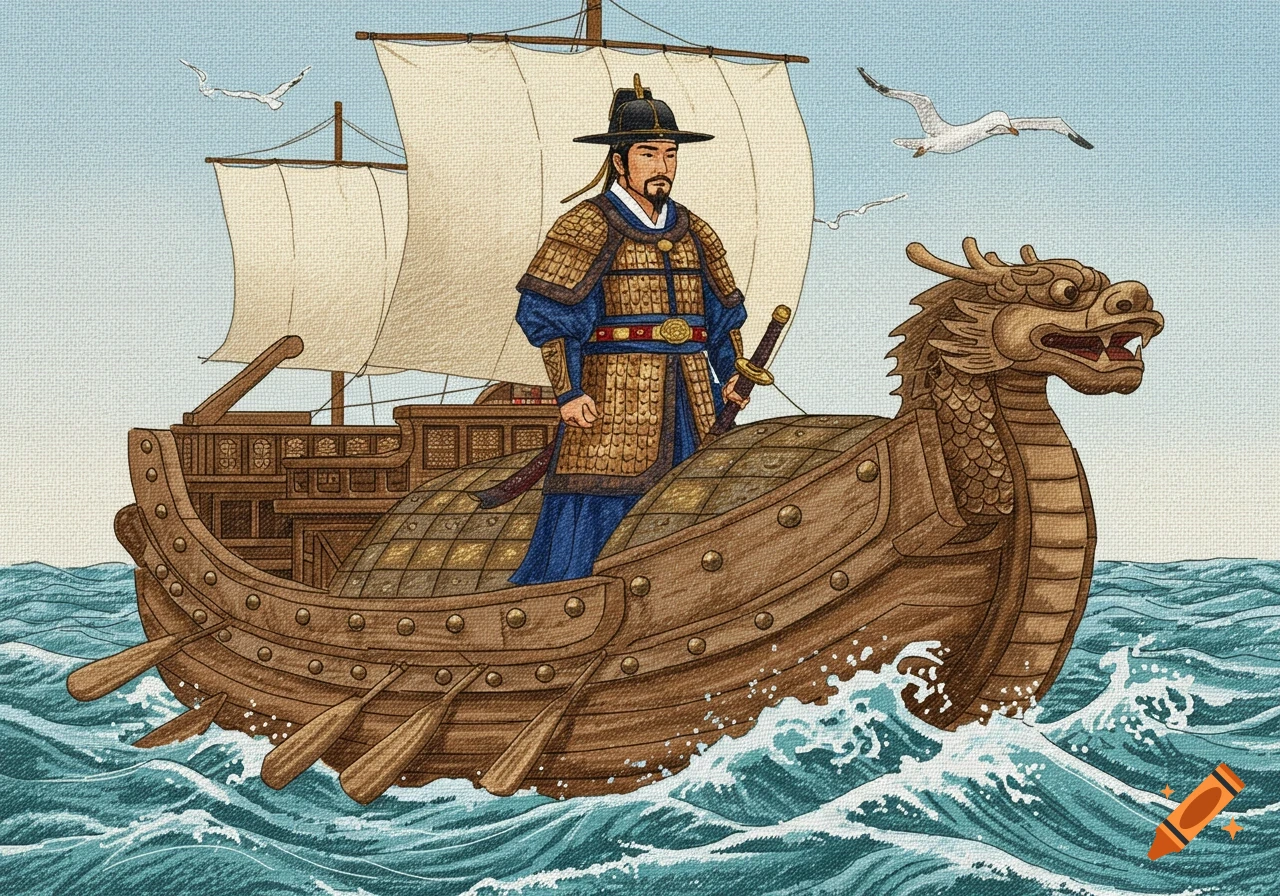 An illustration in cross-stitch style of Admiral Yi Sun-sin on his turtle ship sailing on a wavy sea.