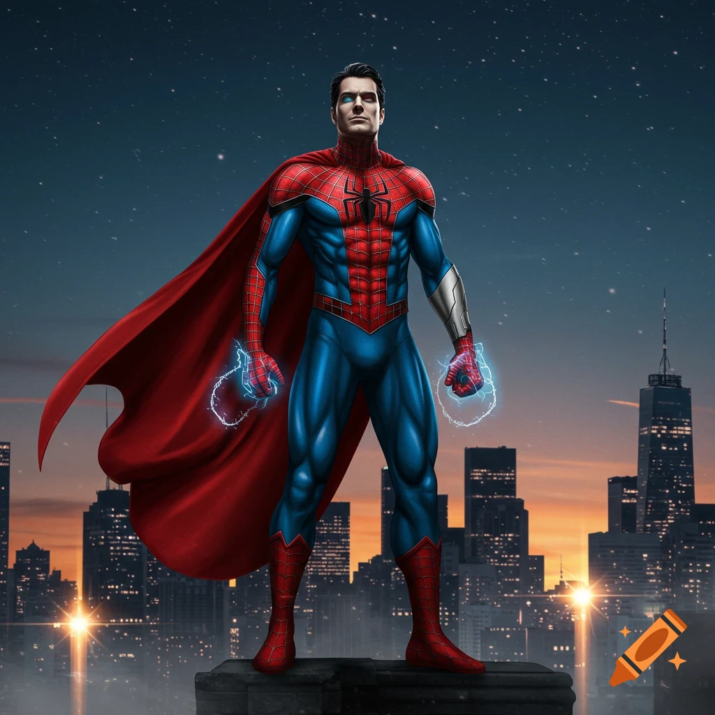 A superhero with a red cape, blue and red suit, and glowing hands stands on a rooftop overlooking a city skyline at dusk.