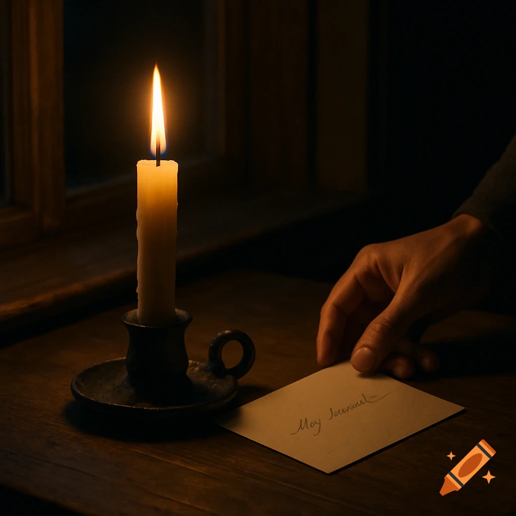 A hand places a note next to a burning candle on a wooden table in a dimly lit room, with a dark window in the background.