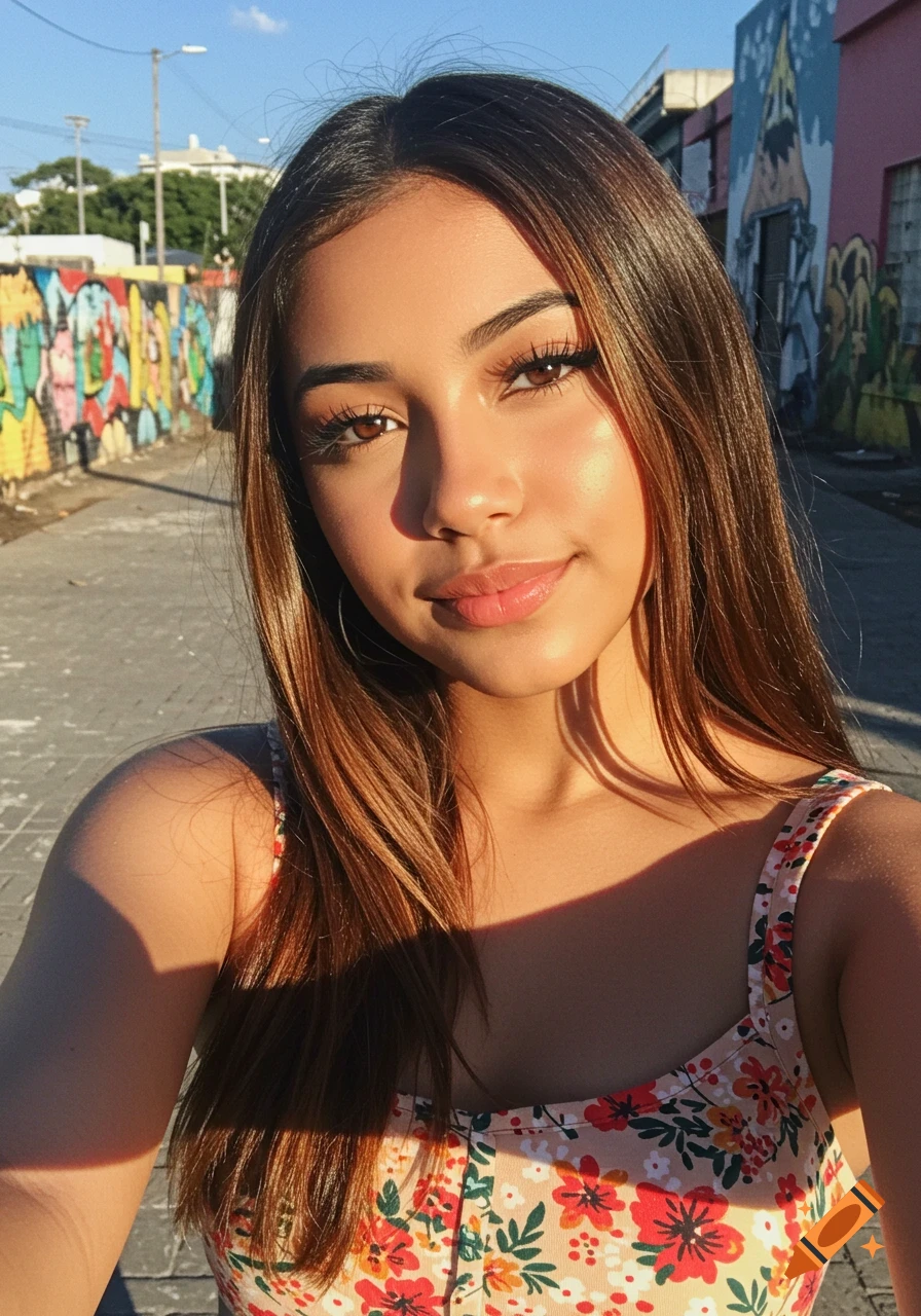 Photorealistic portrait of a young woman smiling, standing in front of a colorful graffiti wall in sunlight.
