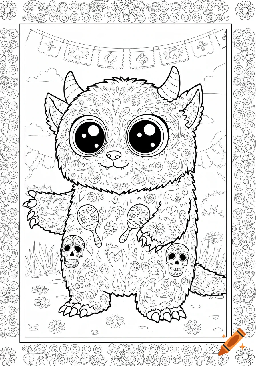 Cute Labubu monster coloring page with sugar skulls, maracas, and papel picado banners.
