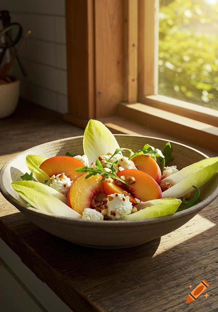 A peach, endive, and goat cheese salad in a stoneware bowl on a wooden countertop, lit by late afternoon sun.