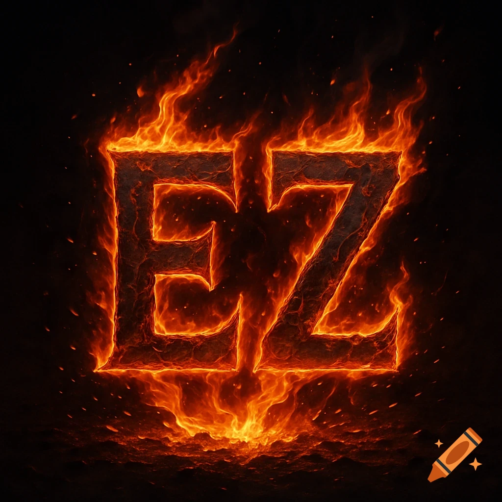 The letters EZ engulfed in vibrant orange and red flames against a dark background.