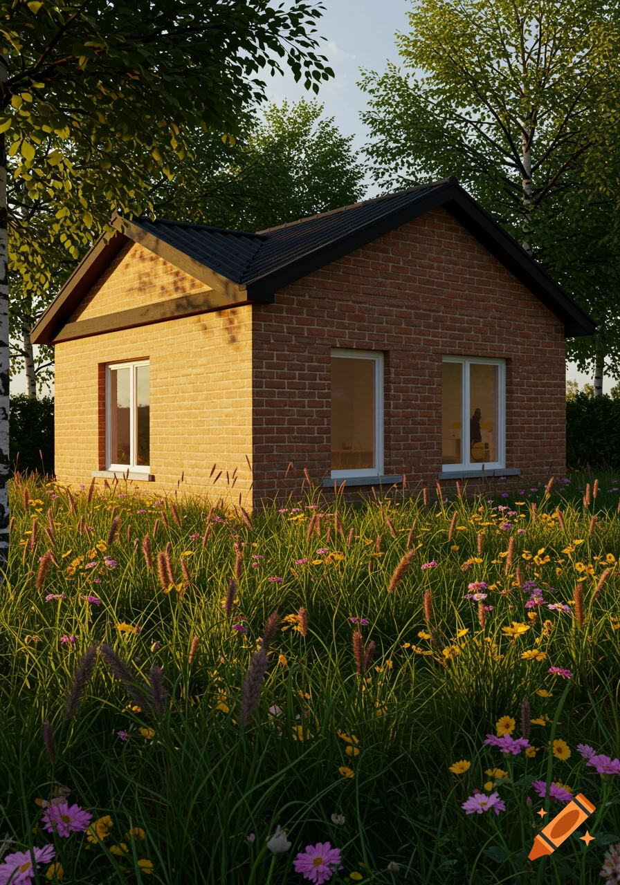 A single-story brick house with a black roof and white window frames stands in tall green grass with wildflowers.