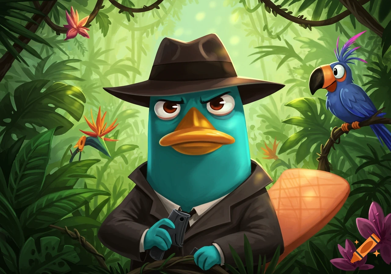 Perry the Platypus in a fedora and trench coat holds a small device amidst lush jungle foliage with a blue parrot.