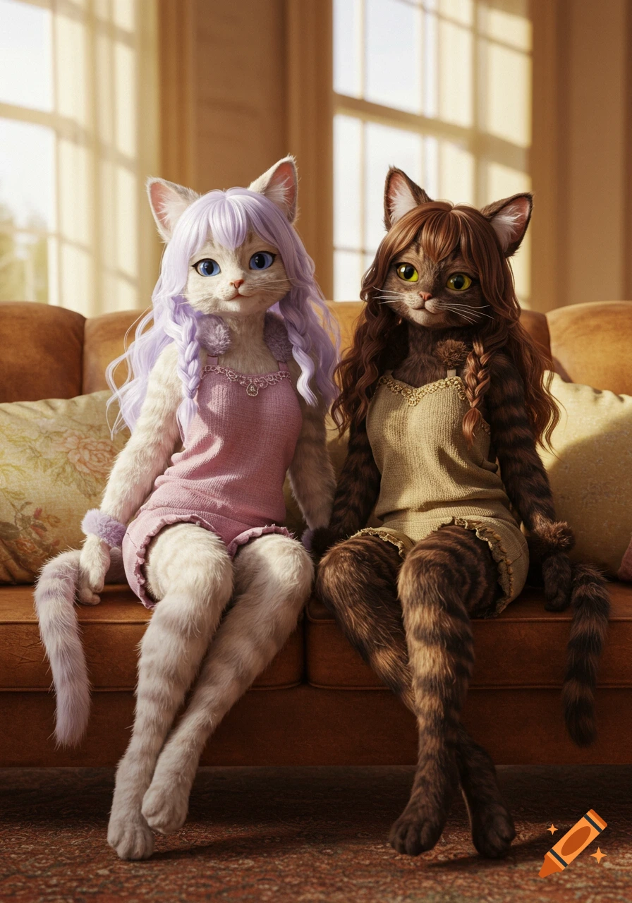 Two anthropomorphic cat-girls with long hair sitting on a brown couch. One has purple hair and a pink dress, the other has brown hair and a beige dress.