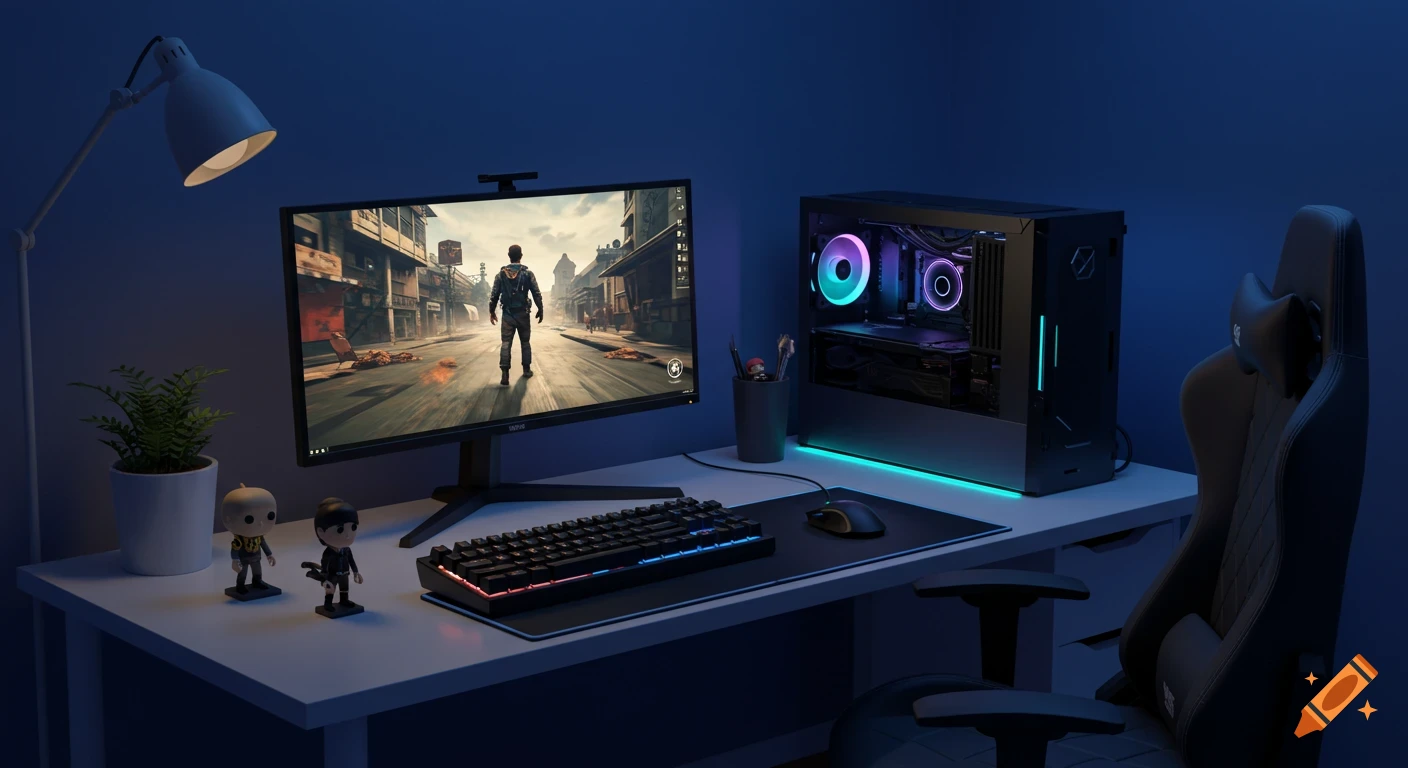 A photorealistic night shot of a modern gaming desktop setup with a monitor displaying a game, a PC with RGB lighting, a keyboard, mouse, and gaming chair.